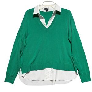 Hilary Radley Green Layered V-Neck Sweater White Collar Shirt 2-in-1 Top XL